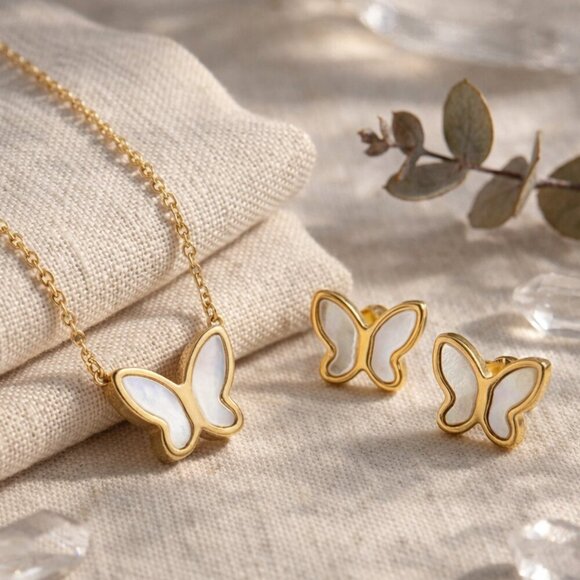 NKULTD Jewelry - 18K Gold Plated Mother Of Pearl Butterfly Necklace And Stud Earrings Set Spring